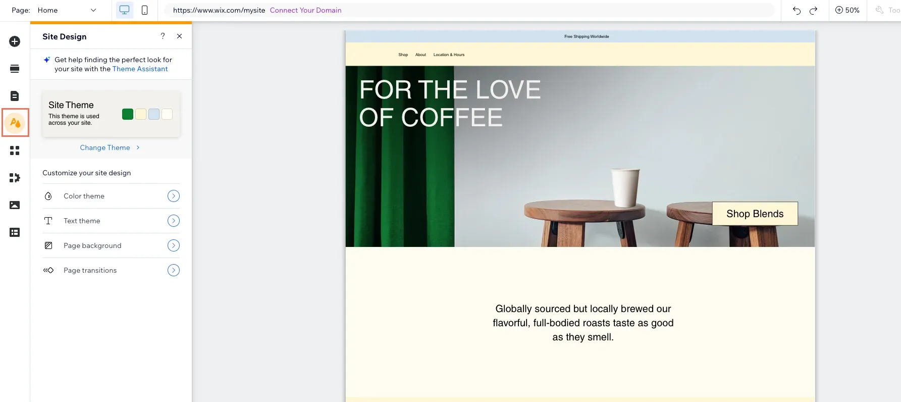 Wix Editor mit Site-Design-Panel und Shop-Vorschau