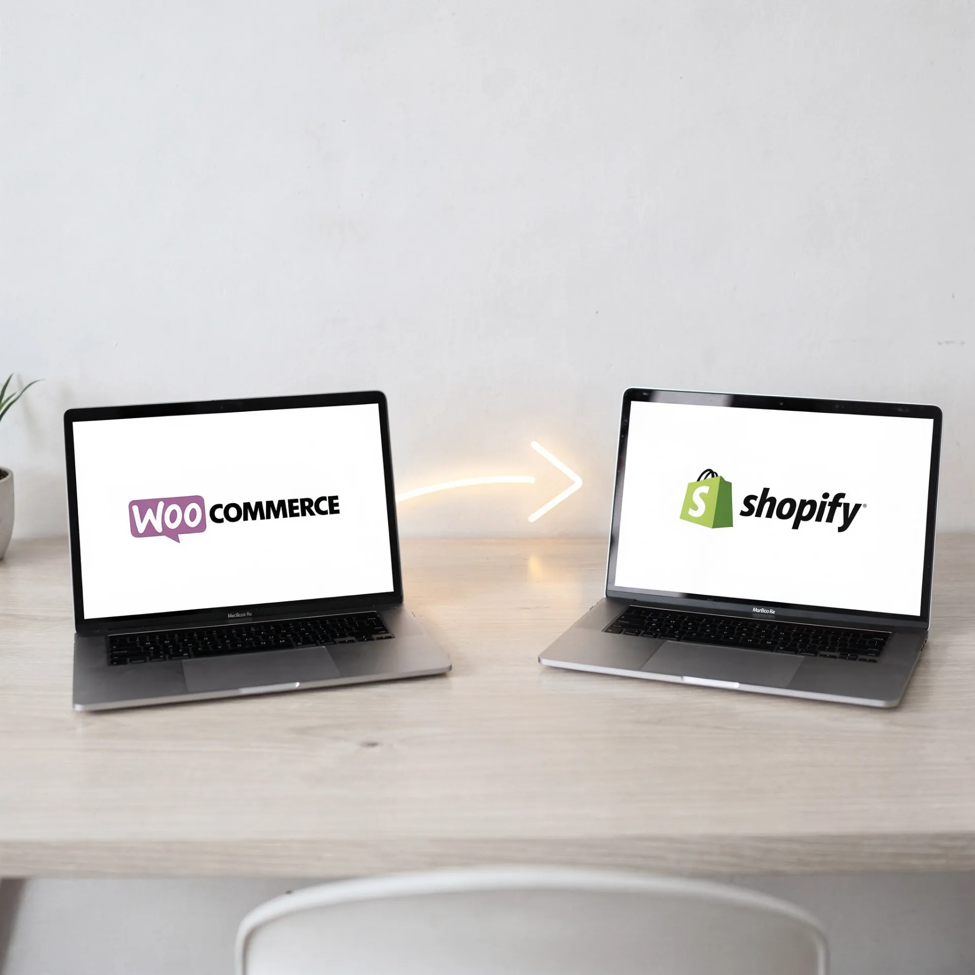 WooCommerce zu Shopify Migration - Zwei Laptops zeigen den Plattformwechsel